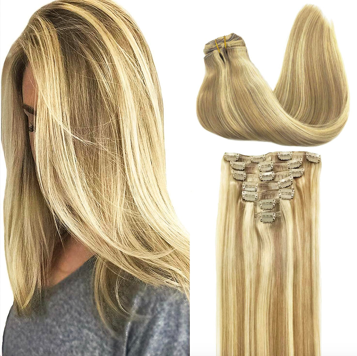 GOO GOO Clip in Hair Extensions front view with light blonde highlights
