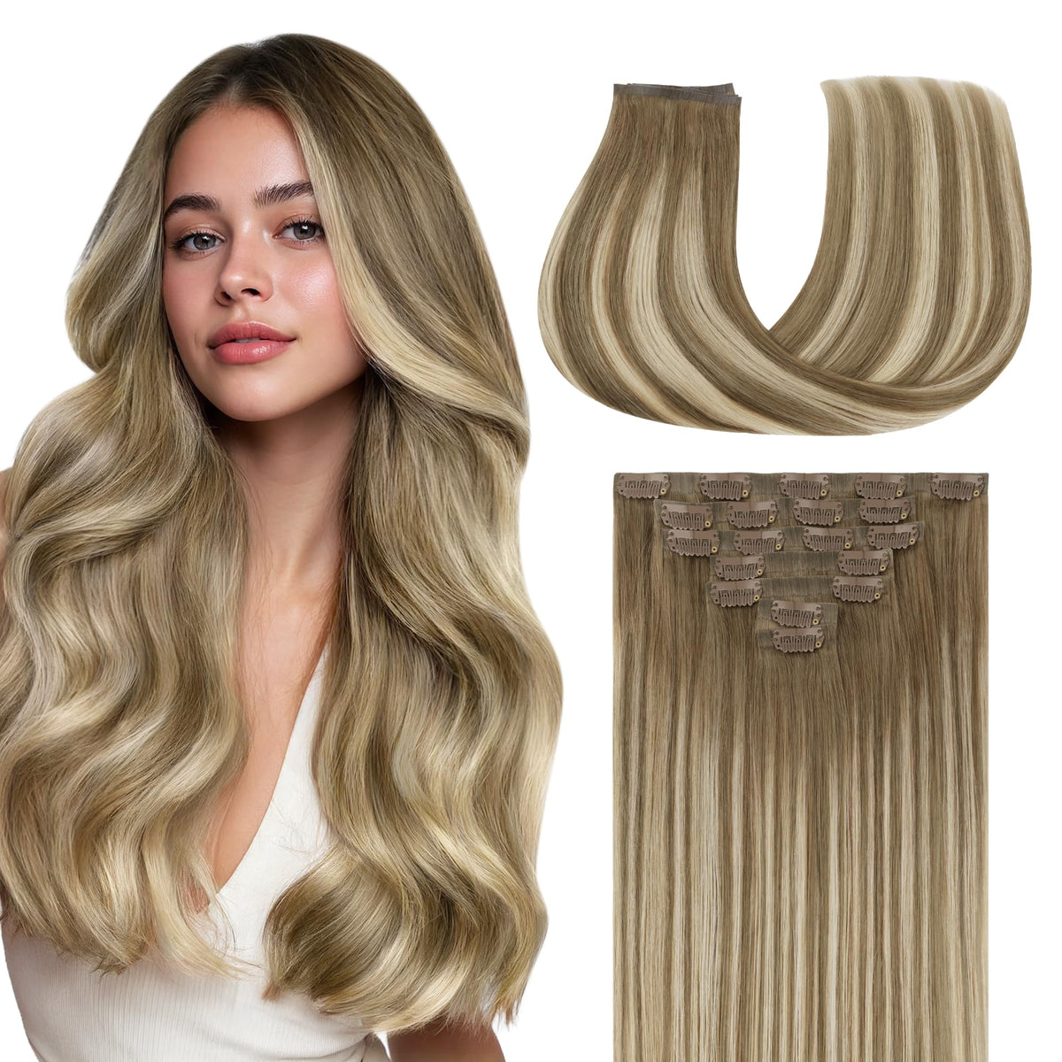 GOO GOO Clip in Hair Extensions front view with natural colour