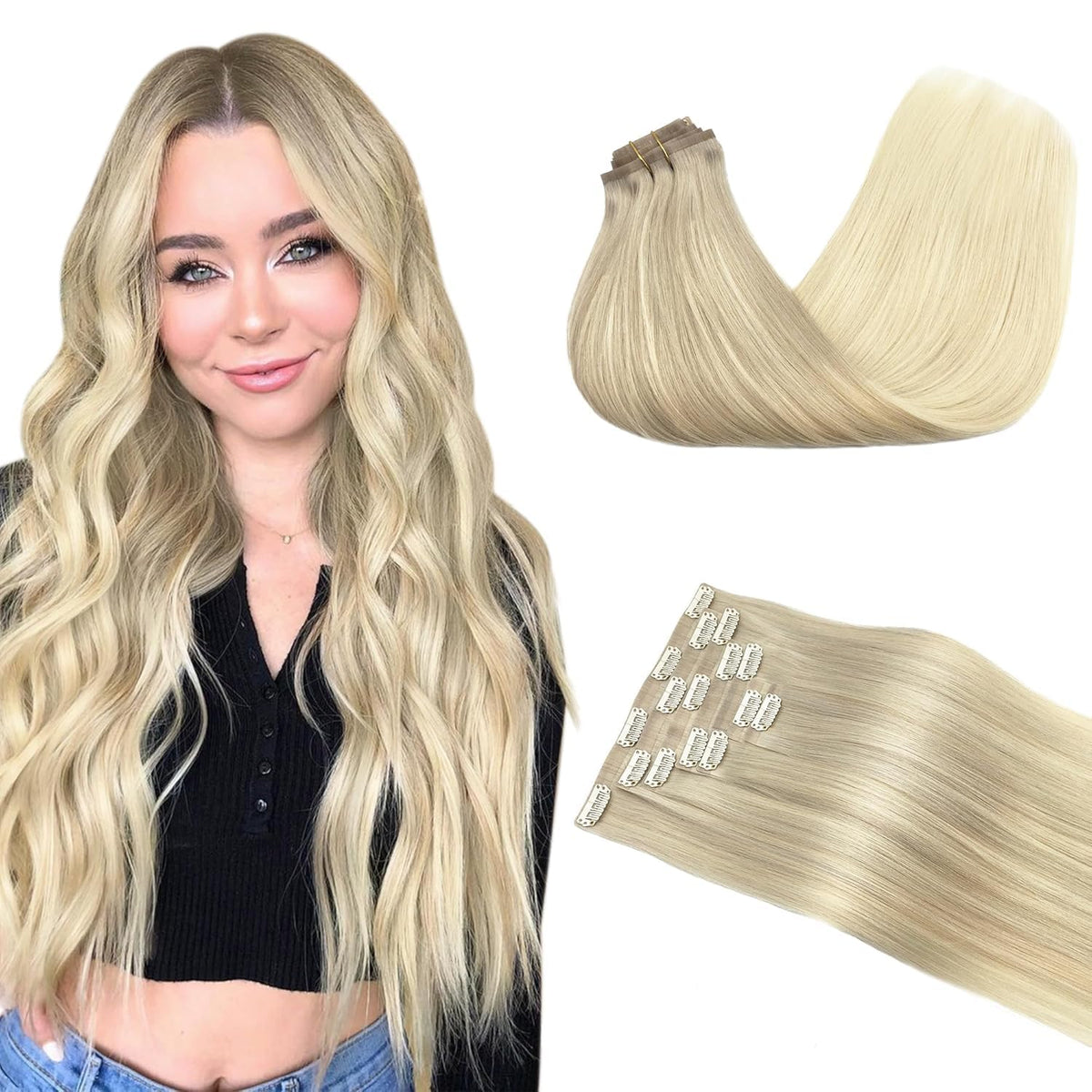 GOO GOO Clip in Hair Extensions front view with silky straight texture