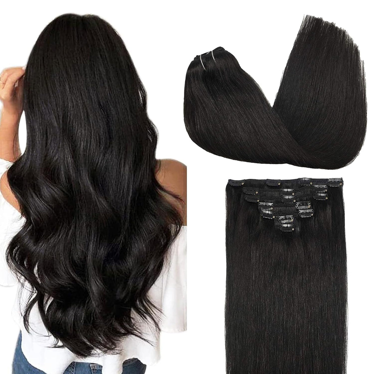 GOO GOO Clip in Hair Extensions real human hair black model front view