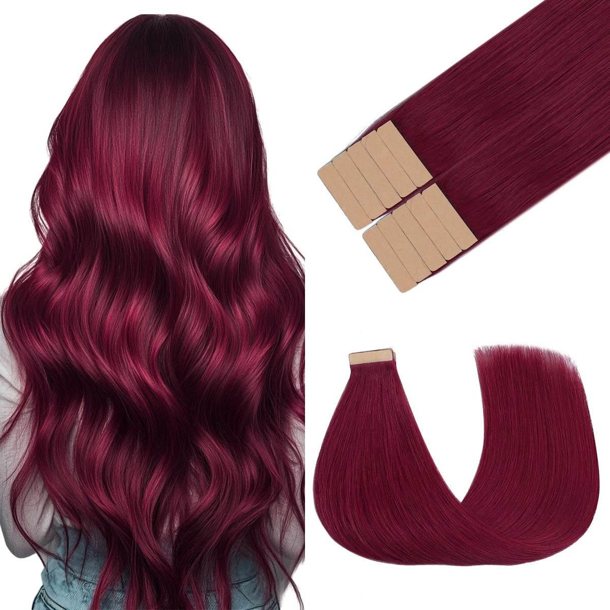GOO GOO Tape in Hair Extensions 14" Burgundy Red front view