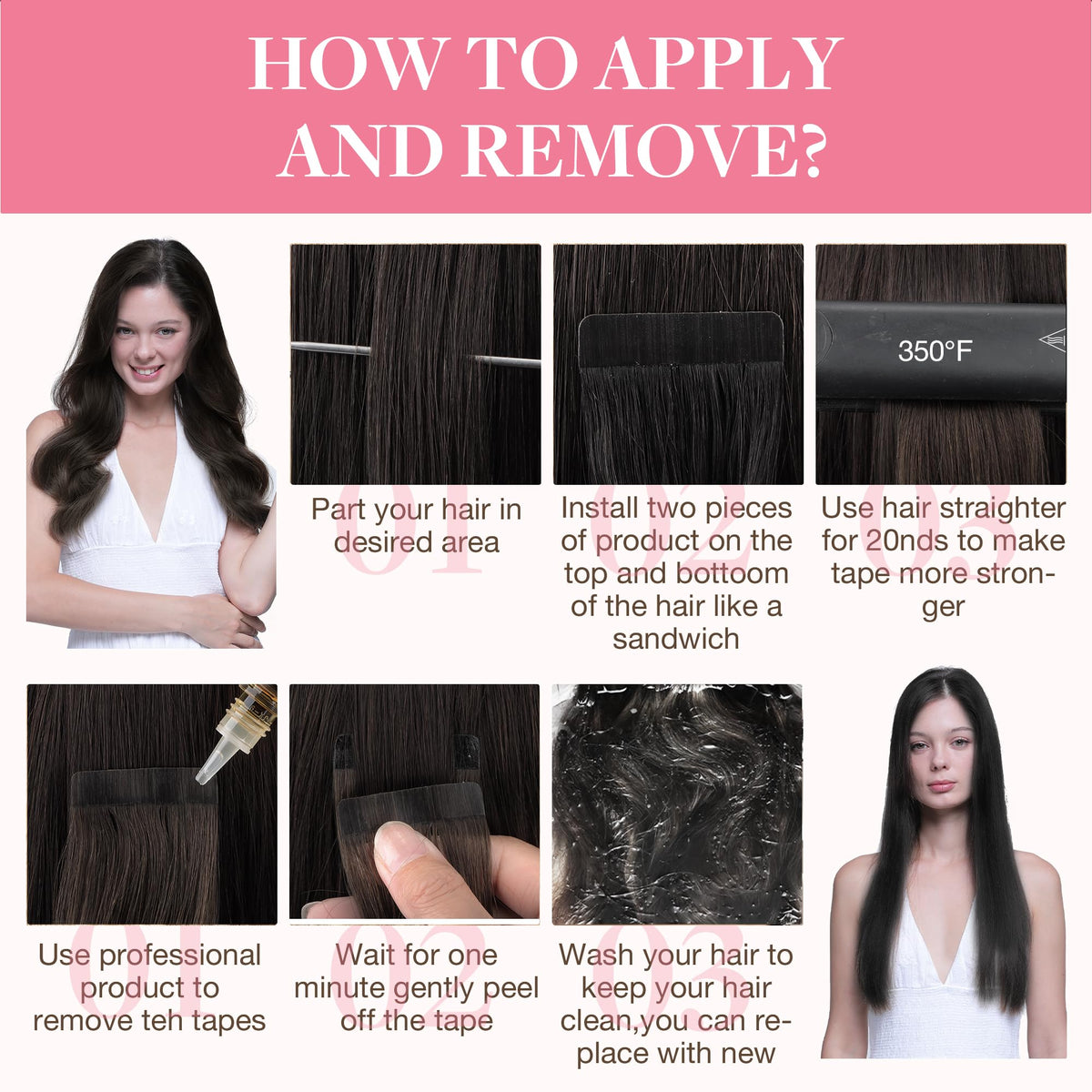 GOO GOO Tape in Hair Extensions 14" Dark Brown installation process