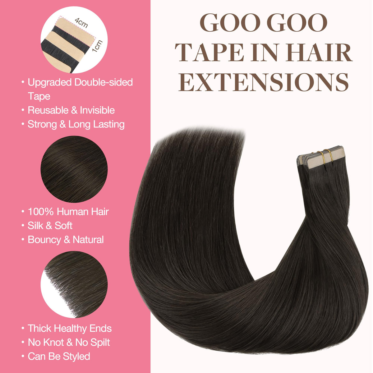 GOO GOO Tape in Hair Extensions 14-inch #1C Mocha Brown on model