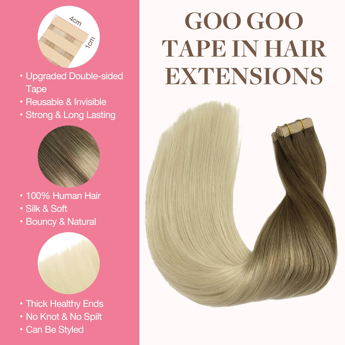 GOO GOO Tape in Hair Extensions 14-inch in different lighting