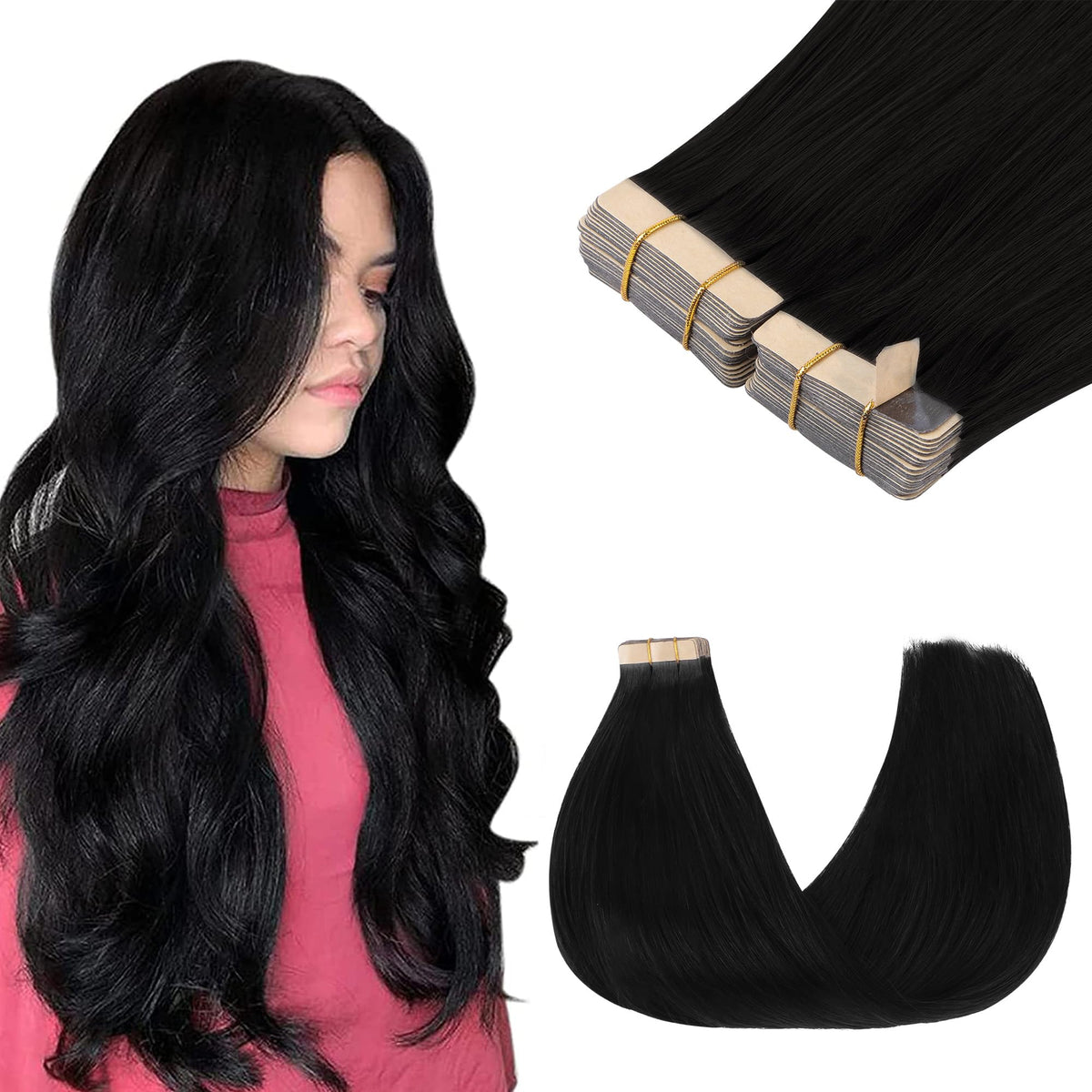 GOO GOO Tape in Hair Extensions 14-inch jet black front view