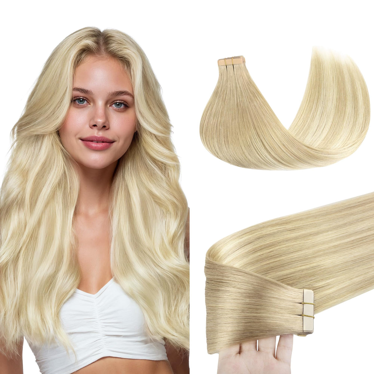 GOO GOO Tape in Hair Extensions 14 inch Natural Blonde Balayage front view