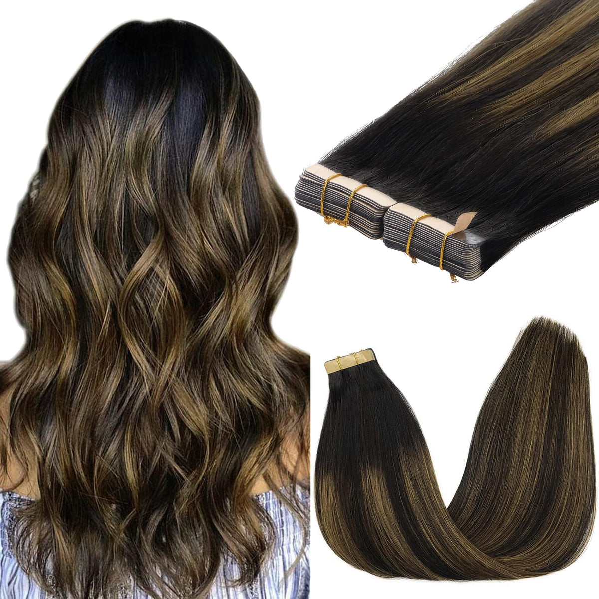 GOO GOO Tape in Hair Extensions 16 inch #1B/6/1B front view