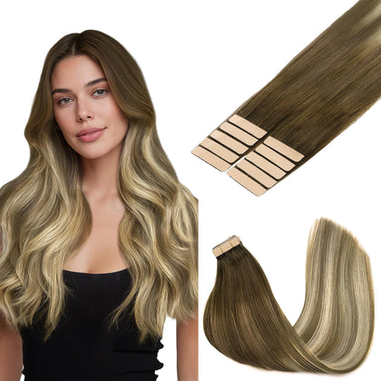 GOO GOO Tape in Hair Extensions 16-inch #3/8/613 front view
