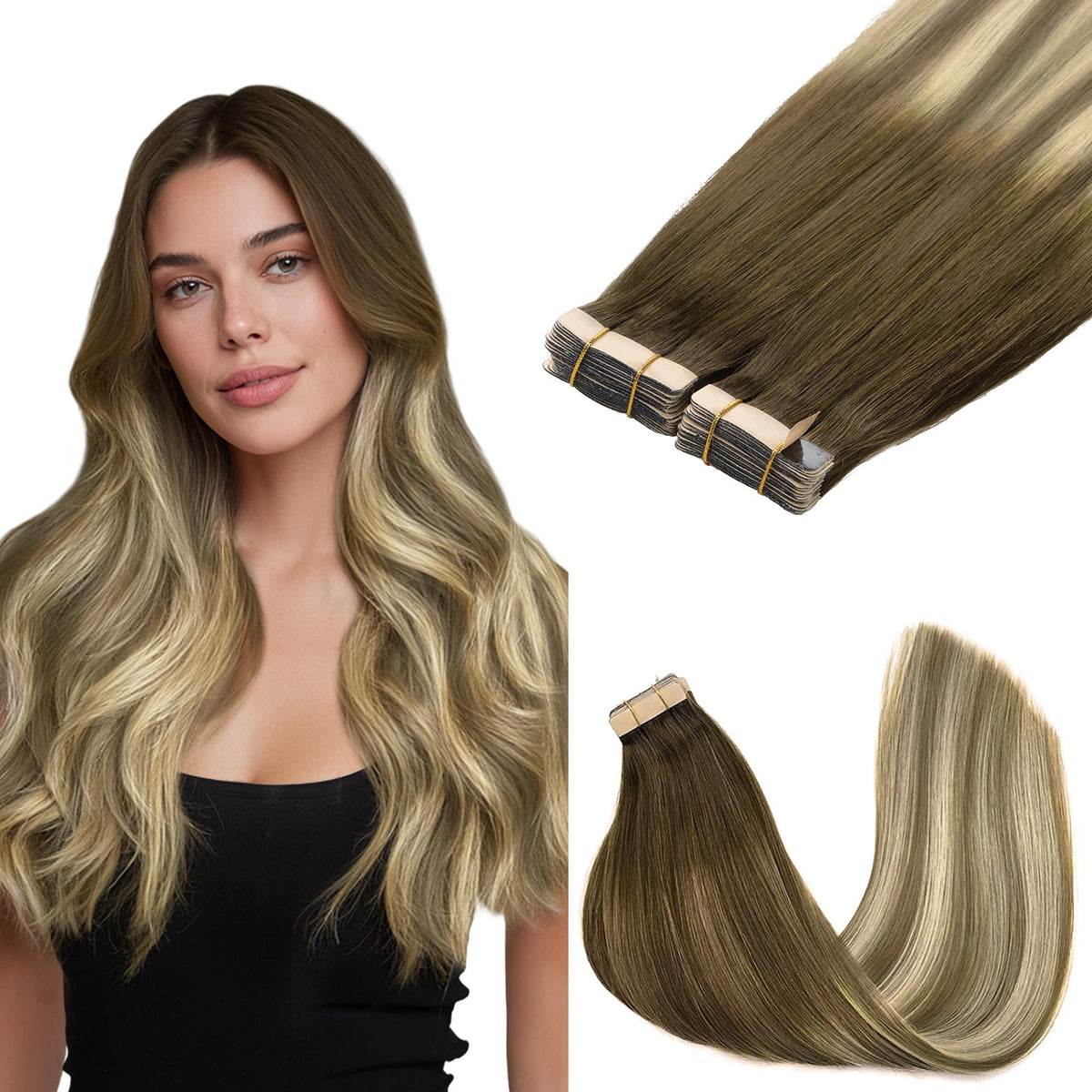 GOO GOO Tape in Hair Extensions 16 inch #3/8/613 pack front view
