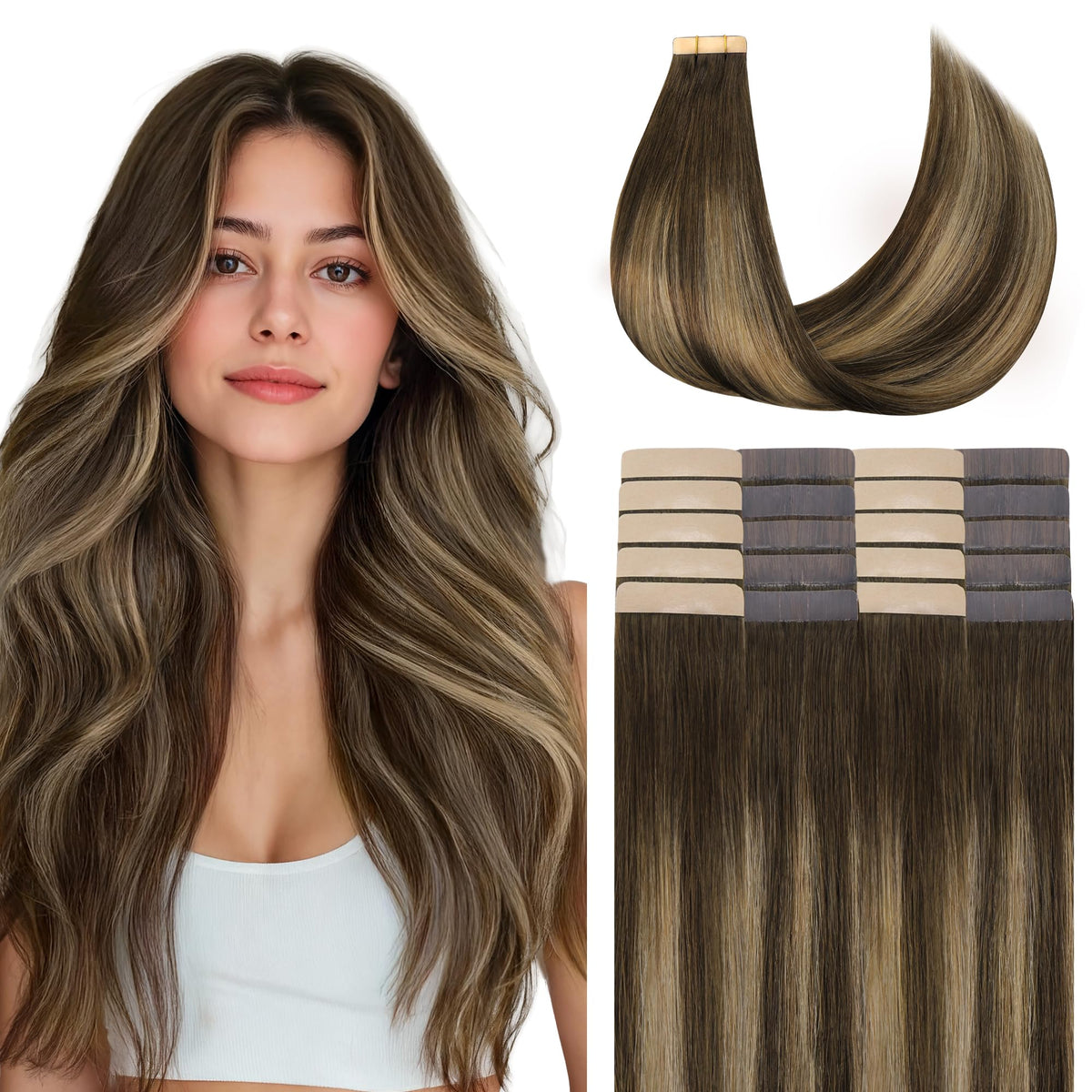 GOO GOO Tape in Hair Extensions 16 inch #4/27/4 front view