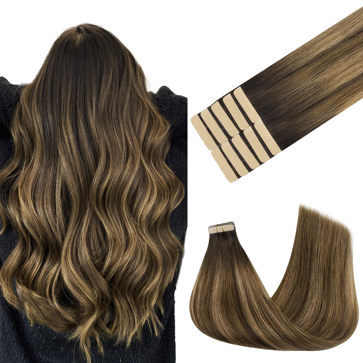 GOO GOO Tape in Hair Extensions 16 Inch Brunette Balayage front view
