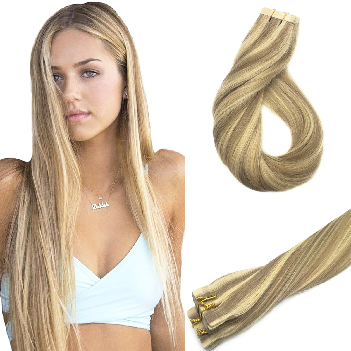 GOO GOO Tape in Hair Extensions 16 inch light blonde highlighted front view