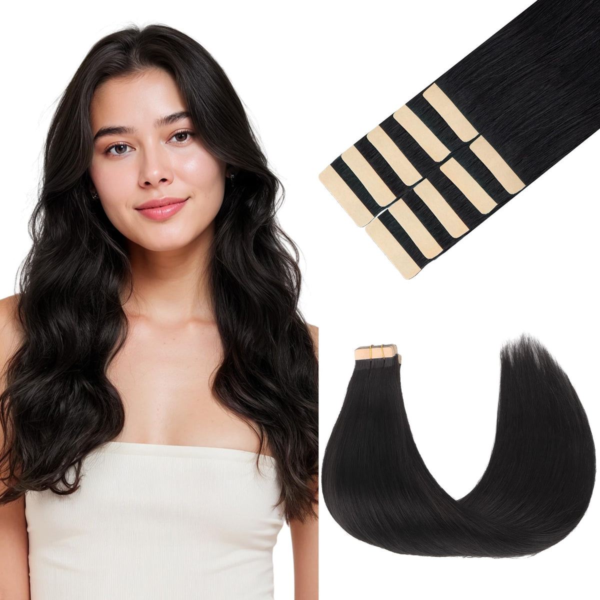 GOO GOO Tape in Hair Extensions 16inch Natural Black front view