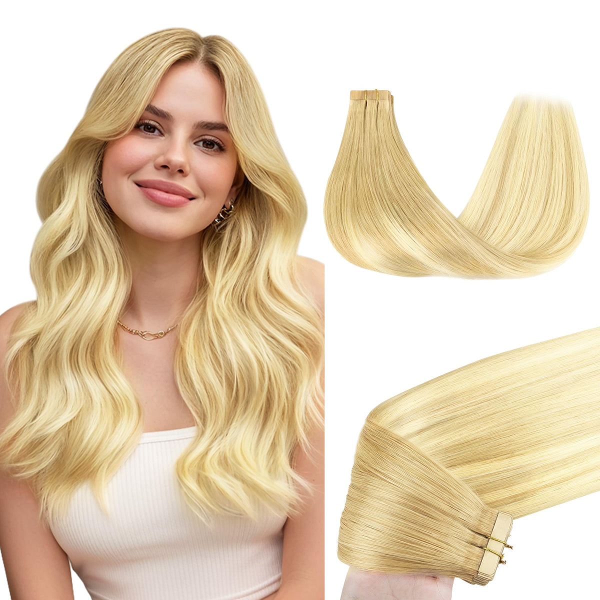 GOO GOO Tape in Hair Extensions 16inch Pearl Ash Blonde Highlights front view