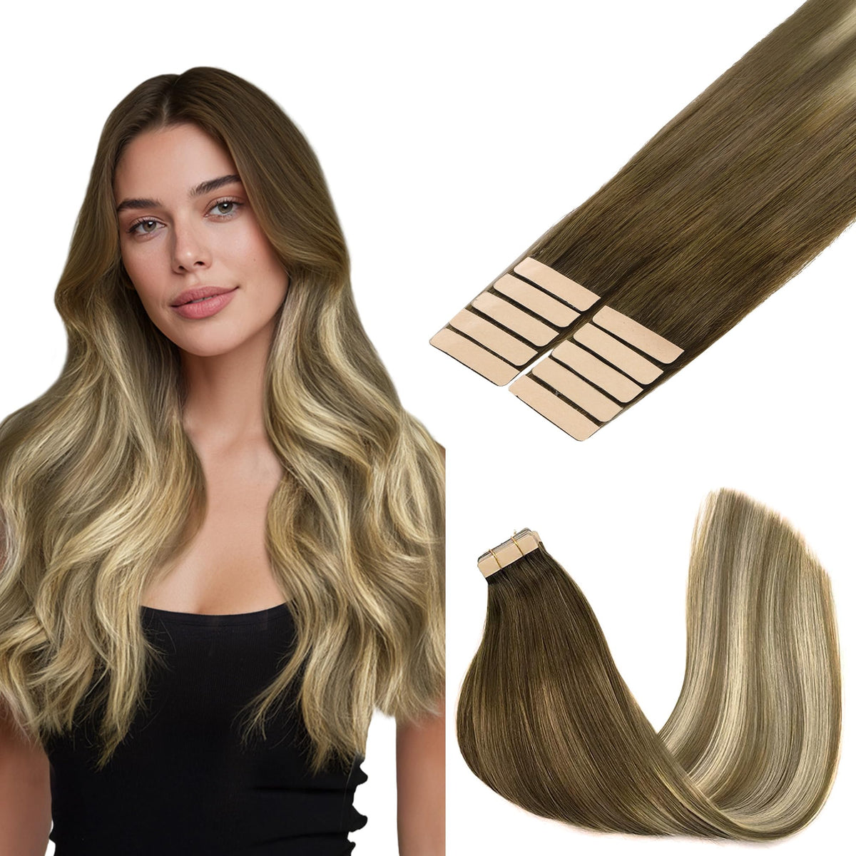 GOO GOO Tape in Hair Extensions 18 inch #3/8/613 front view