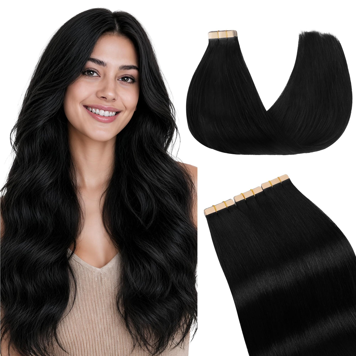 GOO GOO Tape in Hair Extensions 18" jet black front view