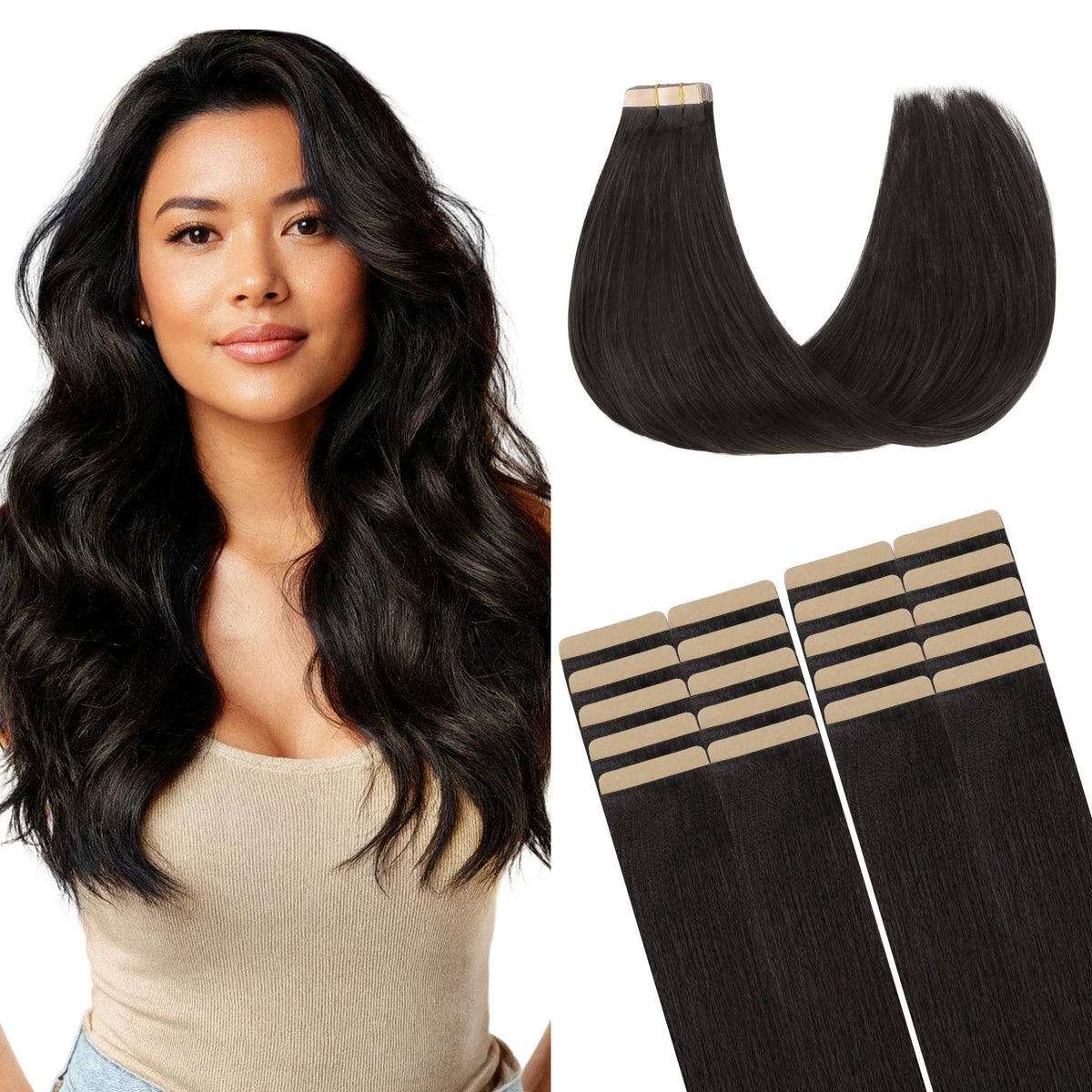 GOO GOO Tape in Hair Extensions 18" Natural Black front view