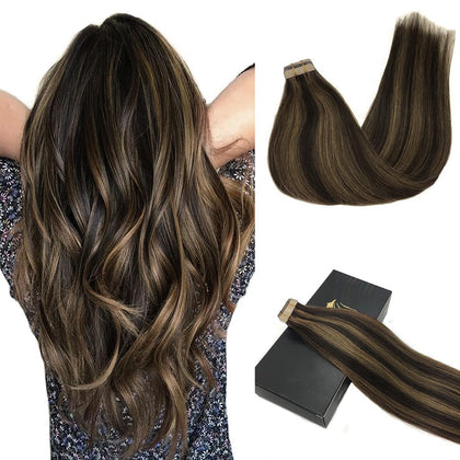GOO GOO Tape in Hair Extensions 18inch dark brown highlighted chestnut brown front view
