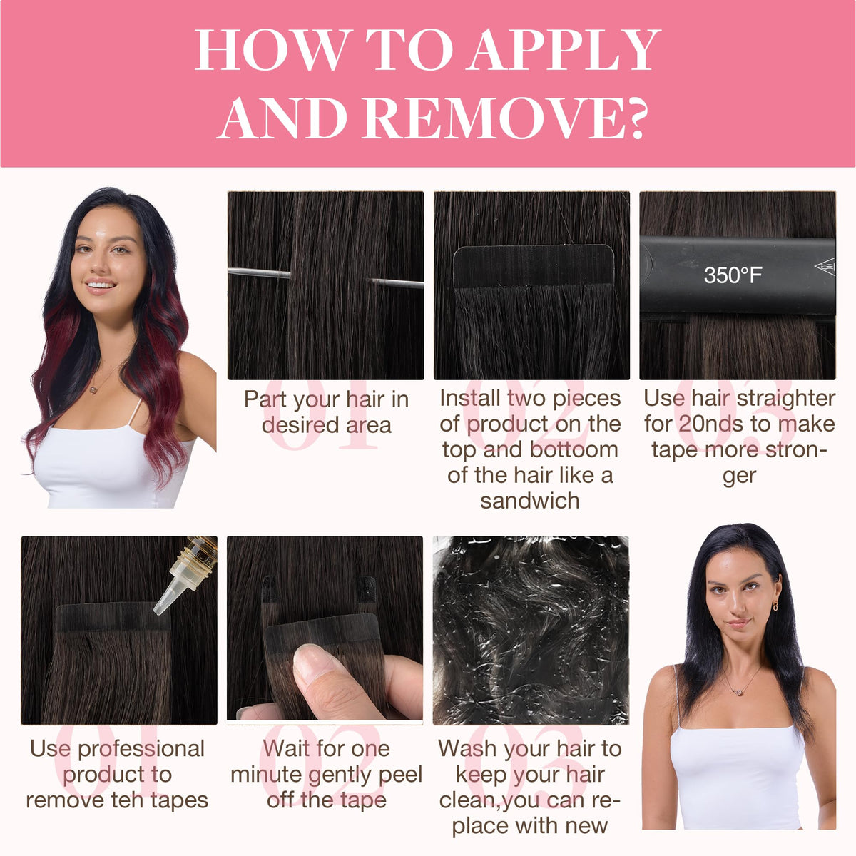 GOO GOO Tape in Hair Extensions 20" #1/99j installation process