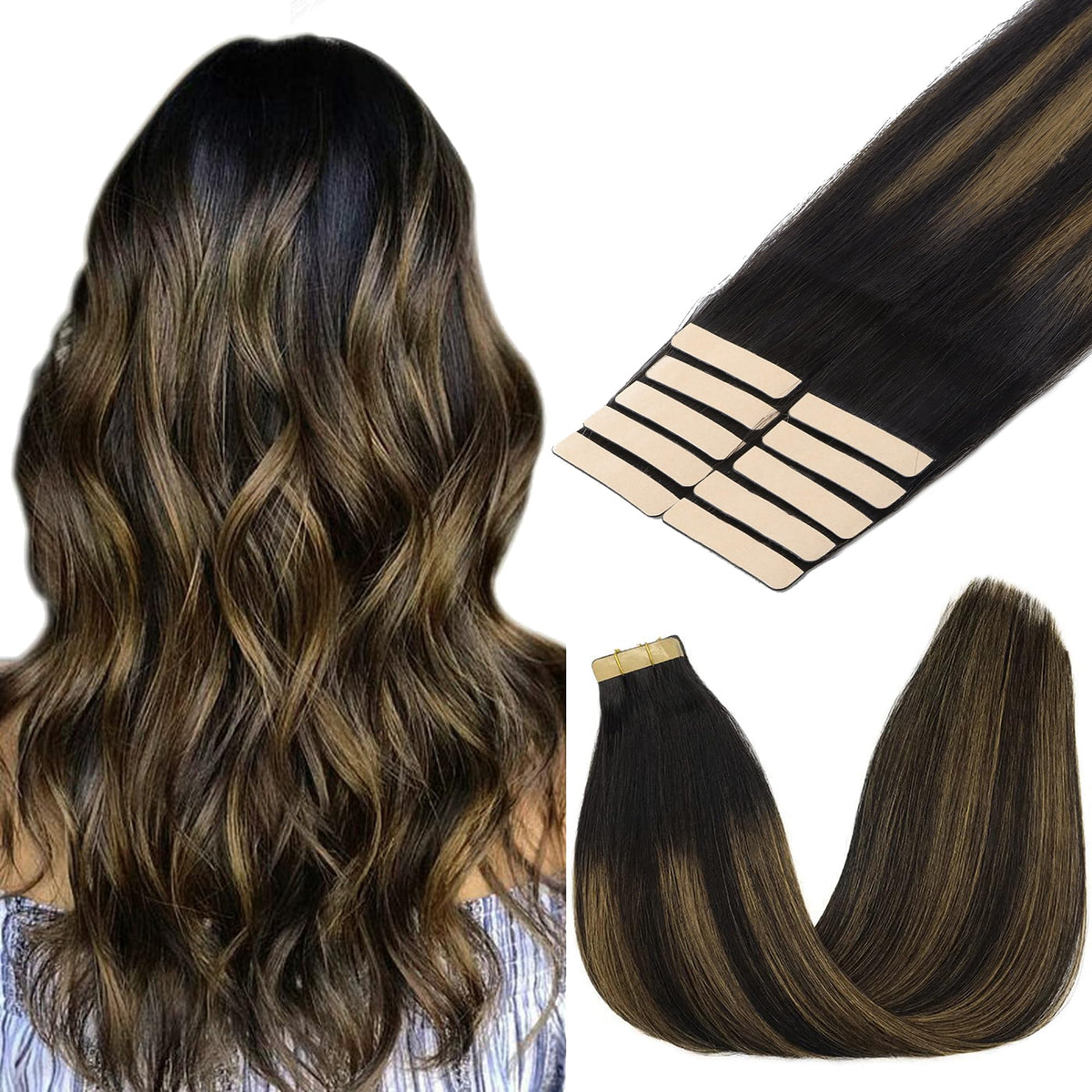 GOO GOO Tape in Hair Extensions 20 inch #1B/6/1B front view