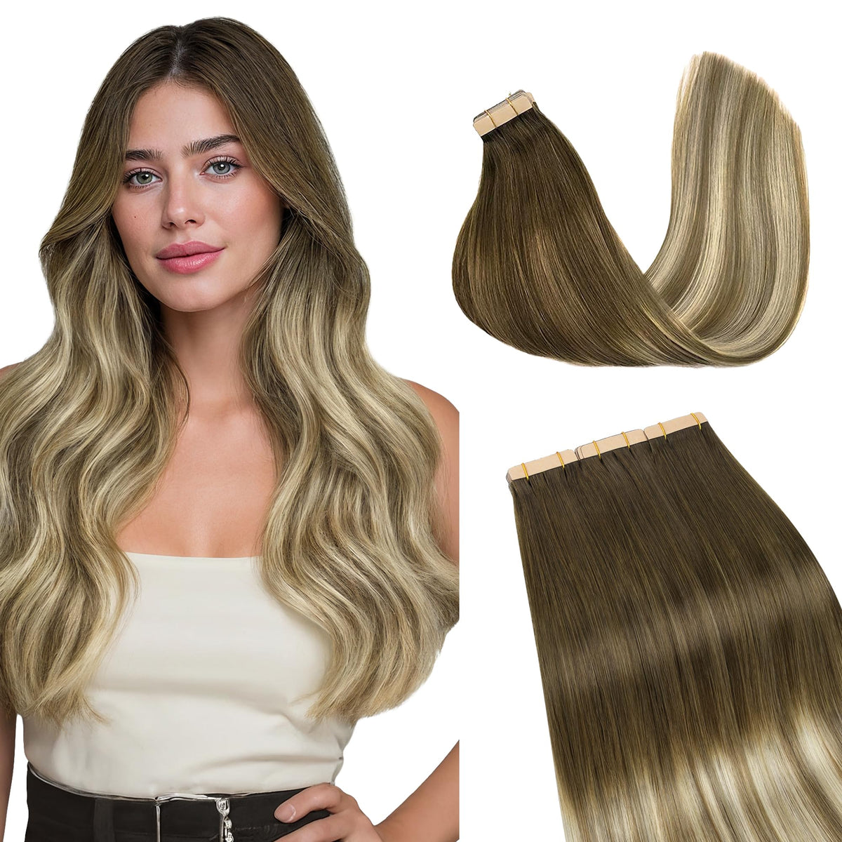 GOO GOO Tape in Hair Extensions 20-inch #3/8/613 front view
