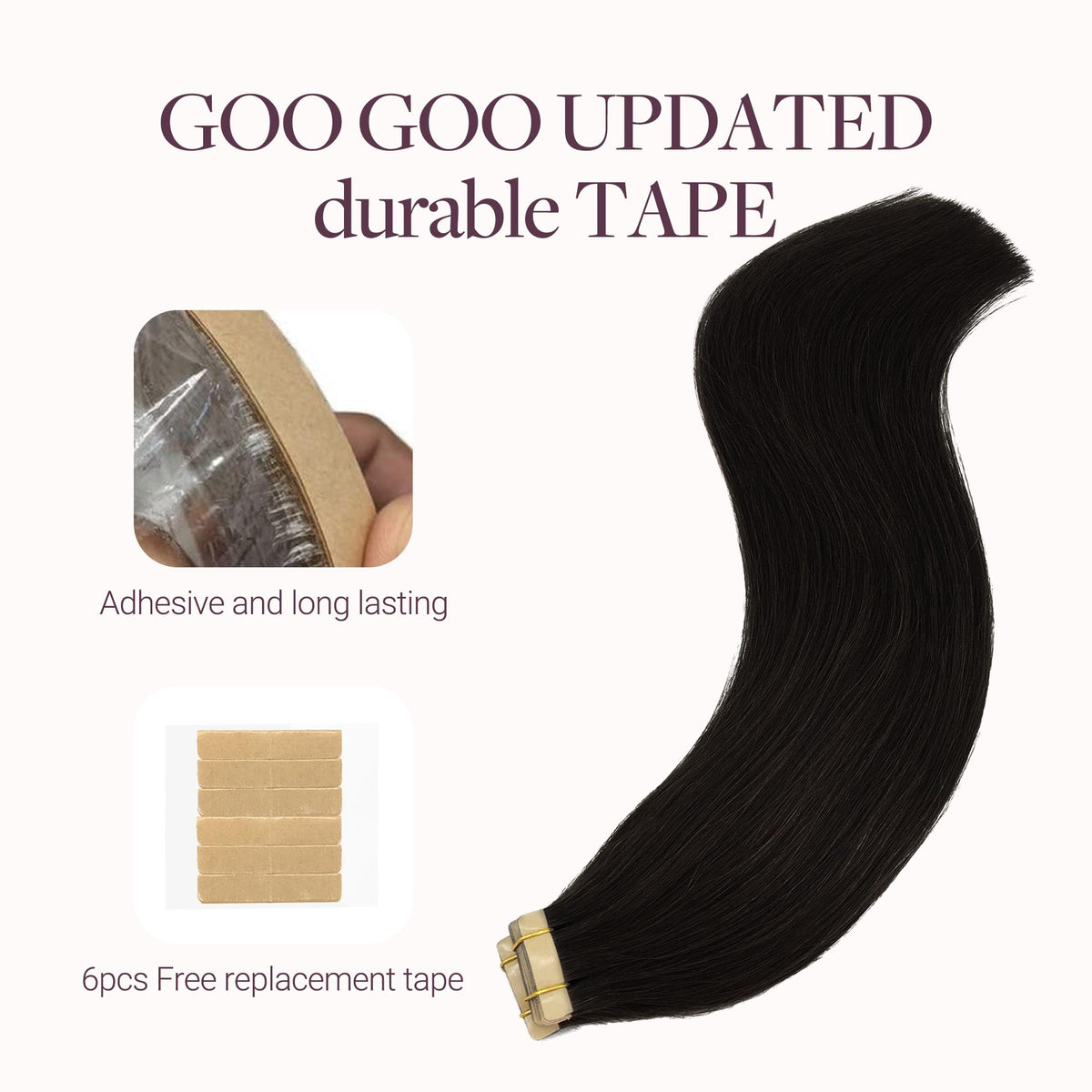 GOO GOO Tape in Hair Extensions 20-inch jet black back view