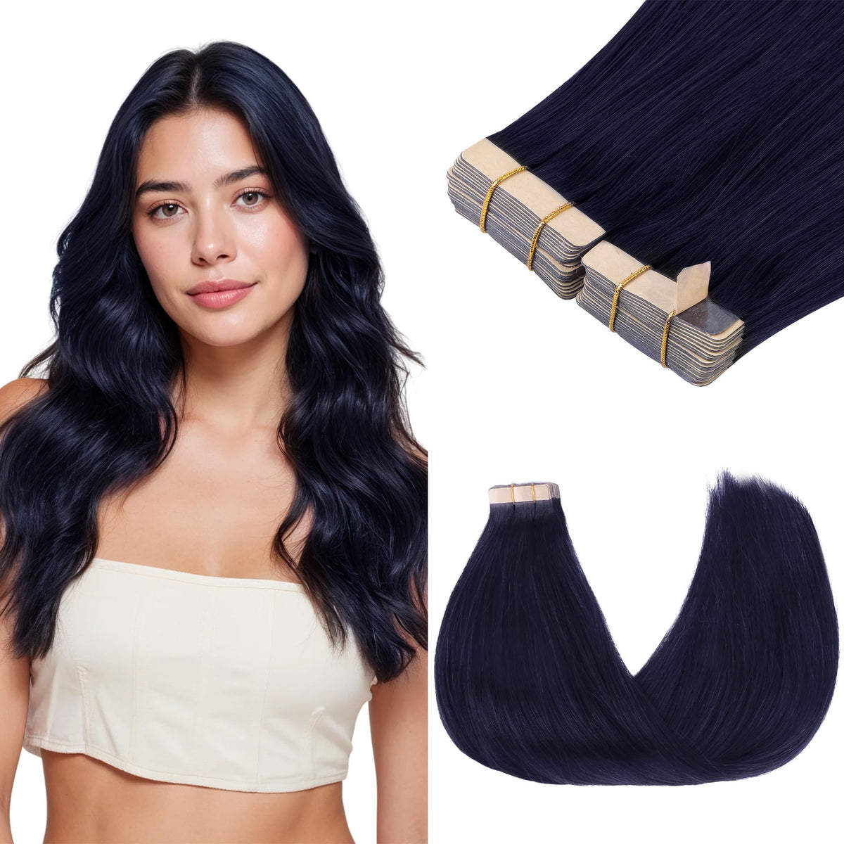 GOO GOO Tape in Hair Extensions 20" Midnight Black front view
