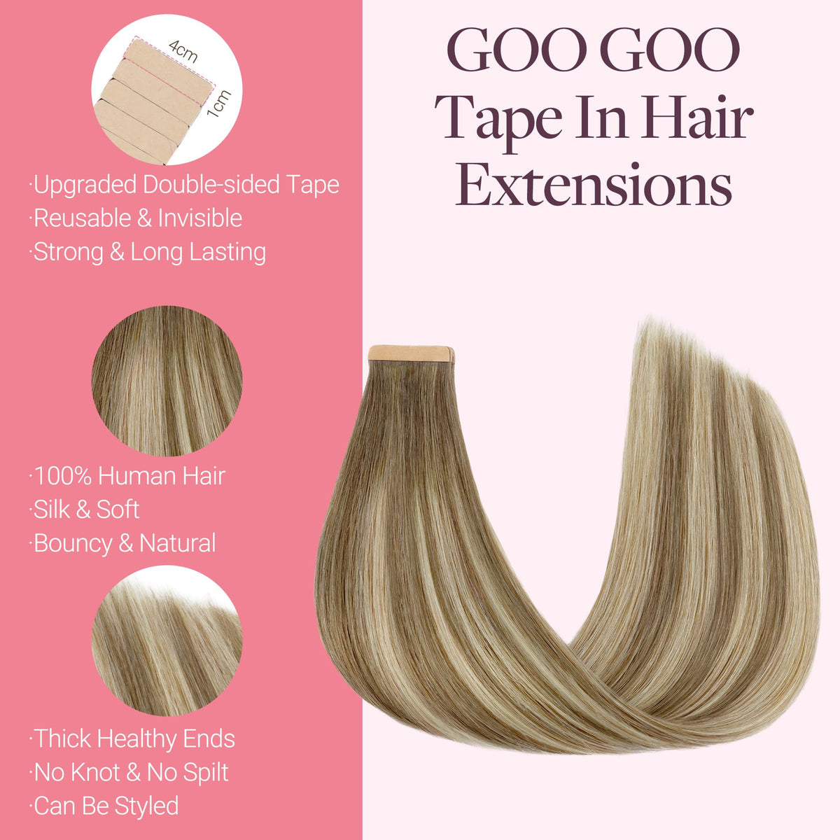 GOO GOO Tape in Hair Extensions 24 inch #8E/61/8E displayed with colour options