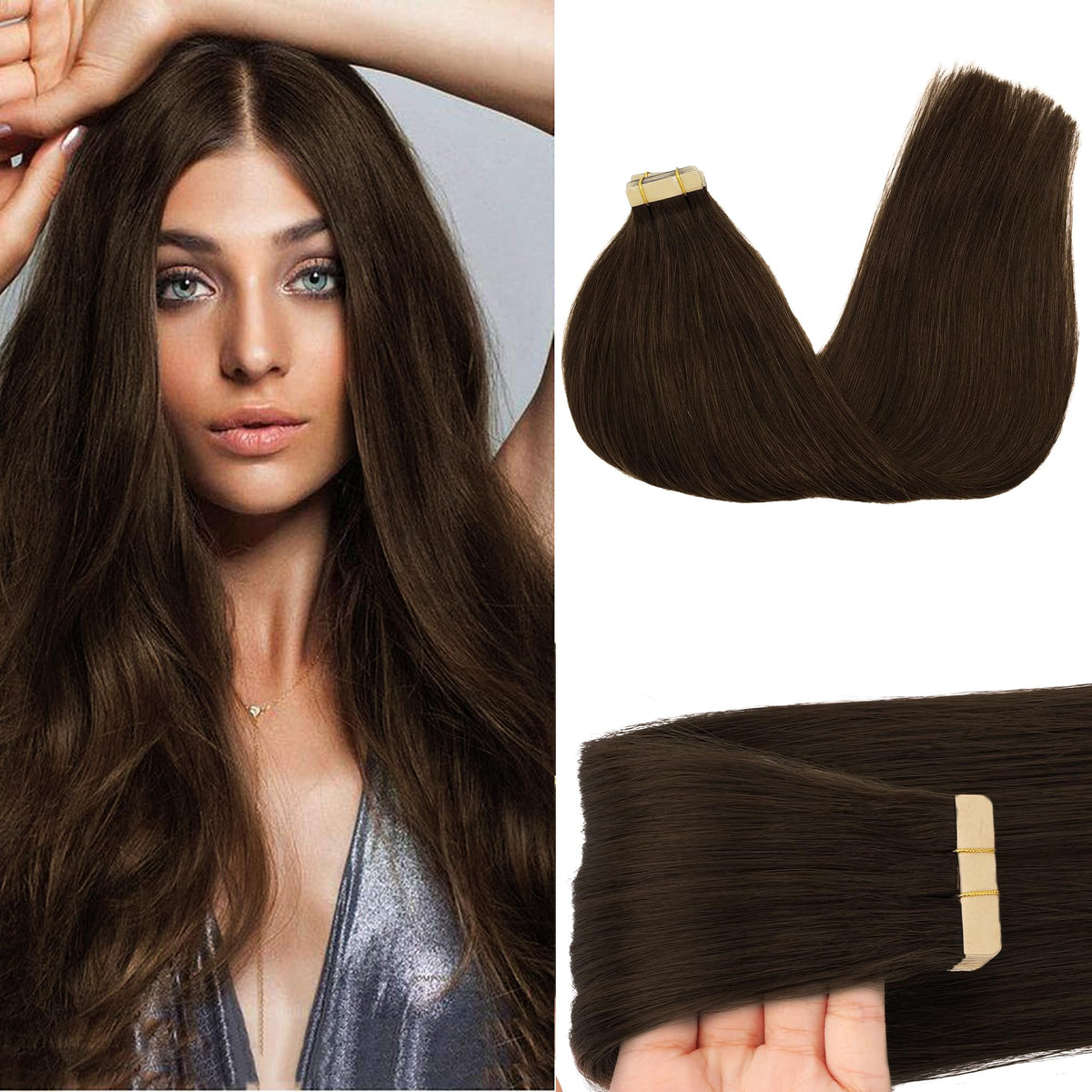 GOO GOO Tape in Hair Extensions 4A Chocolate Brown front view