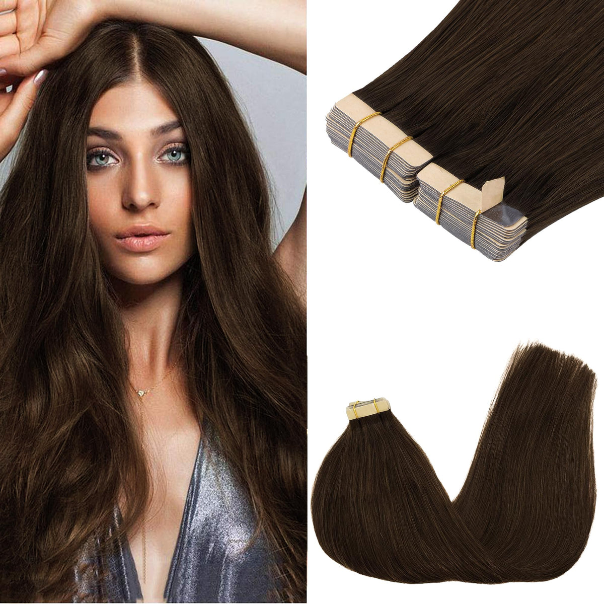 GOO GOO Tape in Hair Extensions 4A Chocolate Brown front view