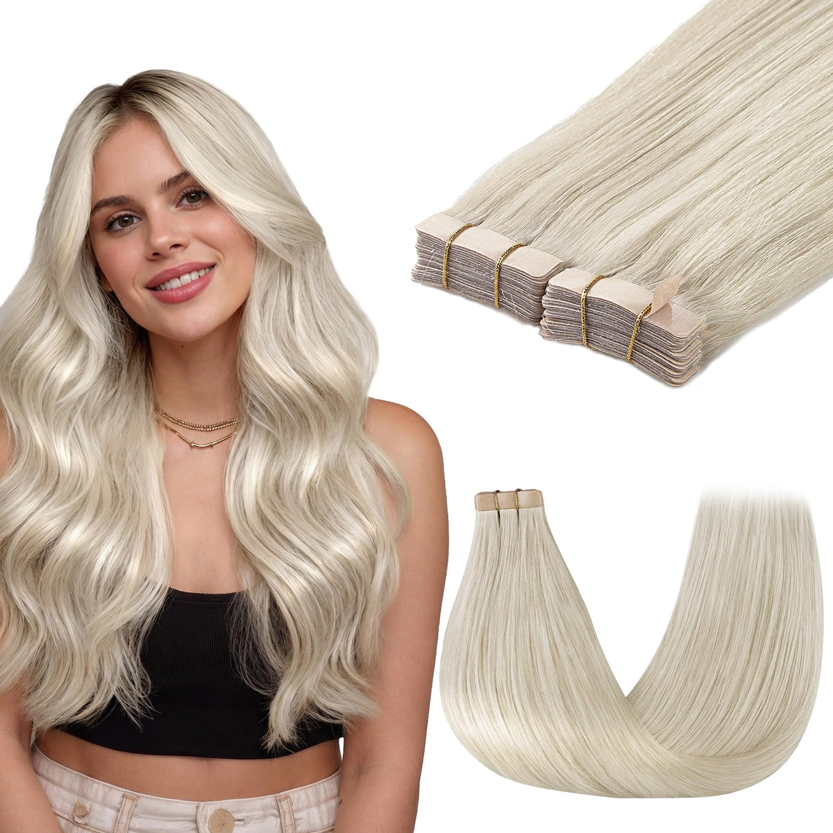 GOO GOO Tape in Hair Extensions 60A Platinum Blonde front view