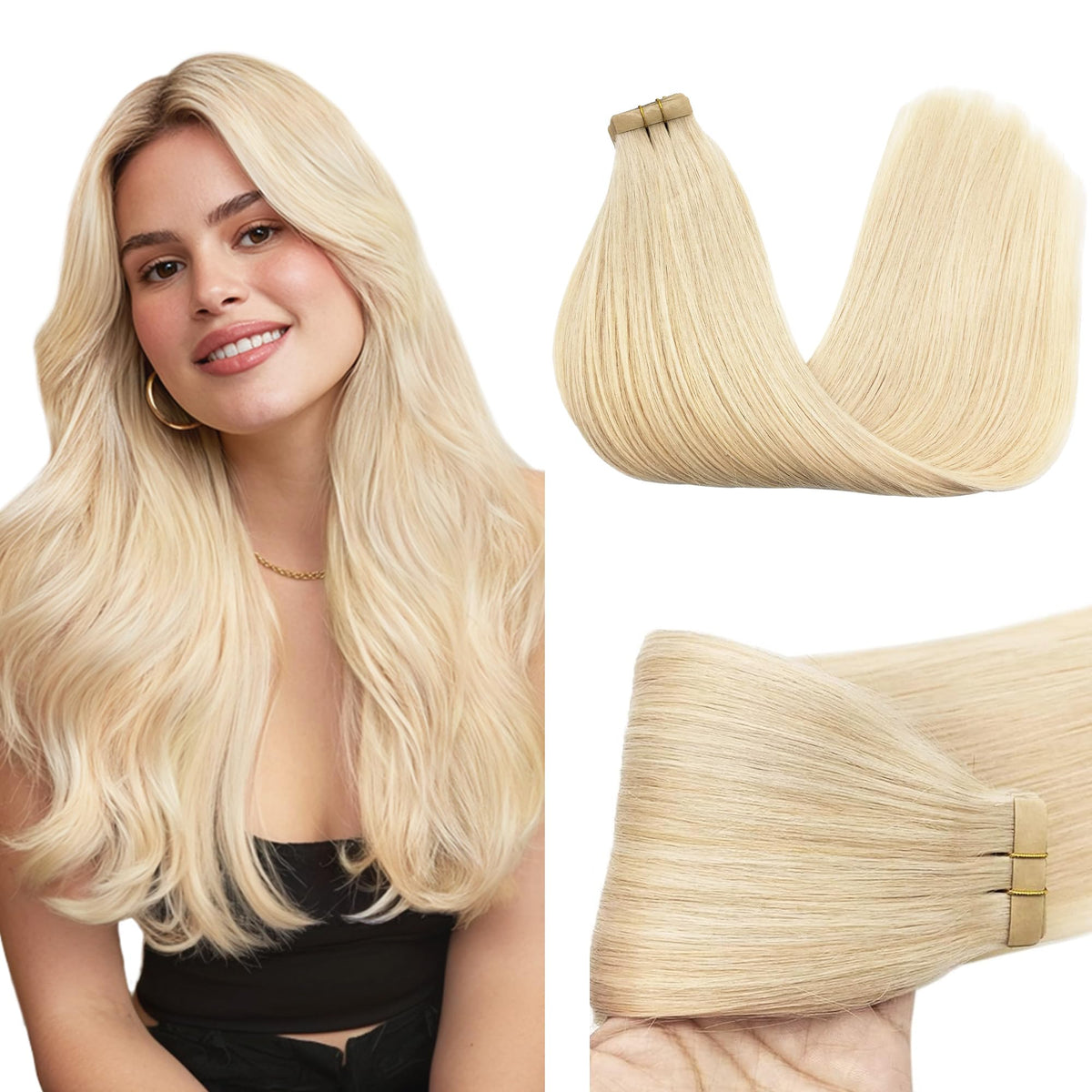 GOO GOO Tape in Hair Extensions 613R Bleach Blonde 20inch front view