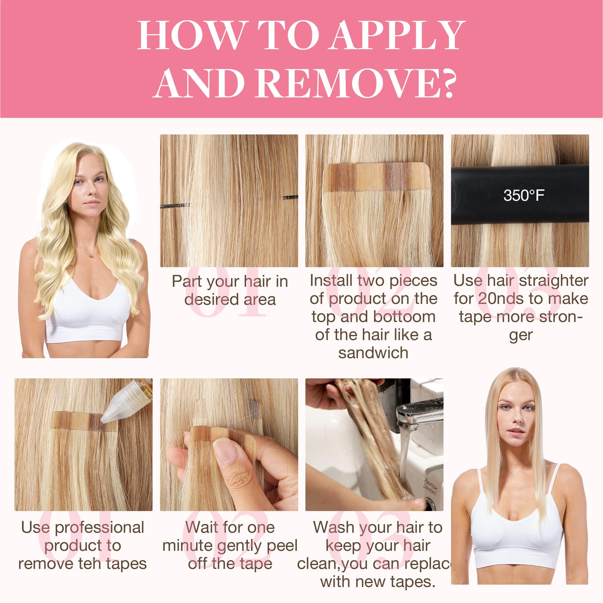 GOO GOO Tape in Hair Extensions 613R Bleach Blonde application process