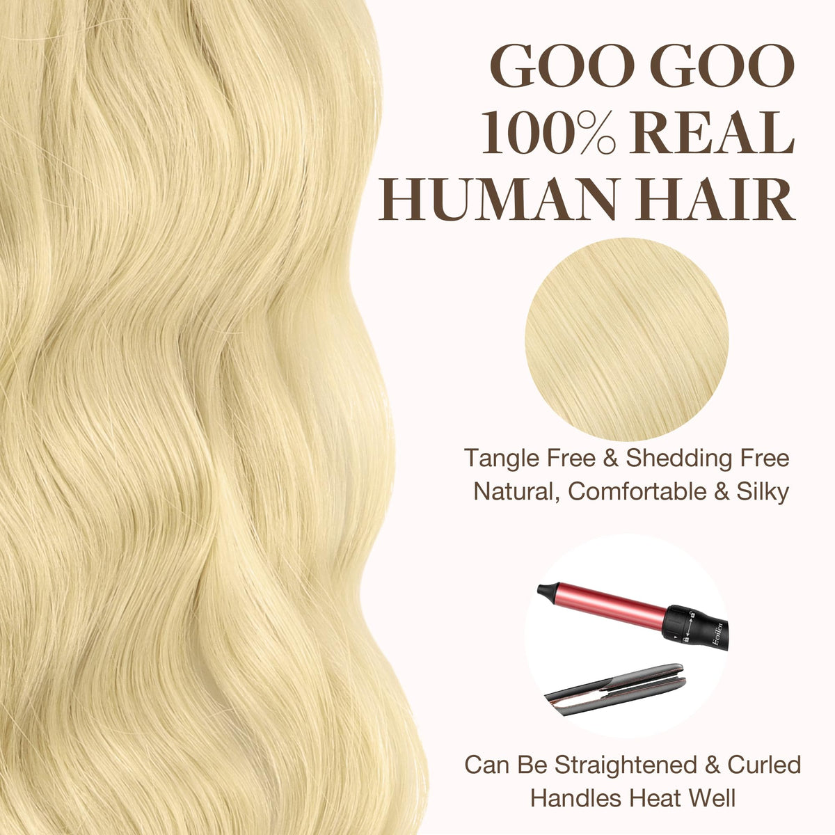 GOO GOO Tape in Hair Extensions 613R Bleach Blonde display with accessories