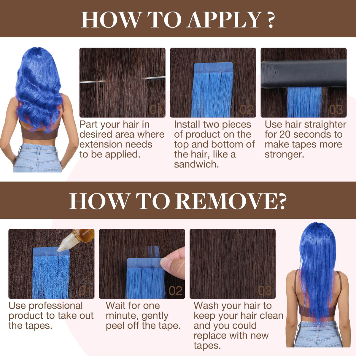 GOO GOO Tape-In Hair Extensions #Blue showing texture