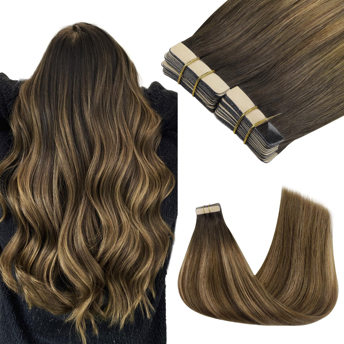 GOO GOO Tape in Hair Extensions Brunette Balayage front view