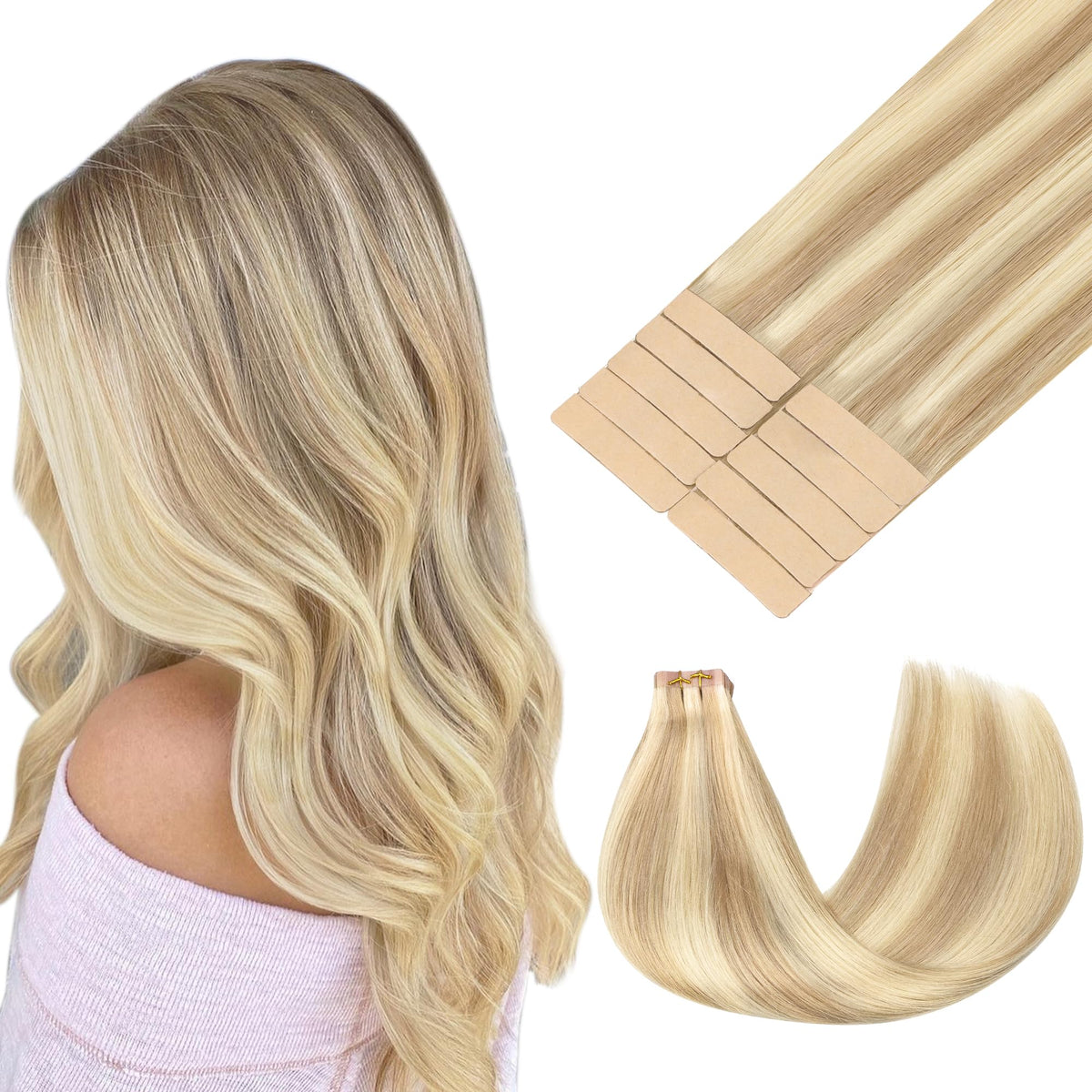 GOO GOO Tape in Hair Extensions dark blonde highlighted 20-inch front view