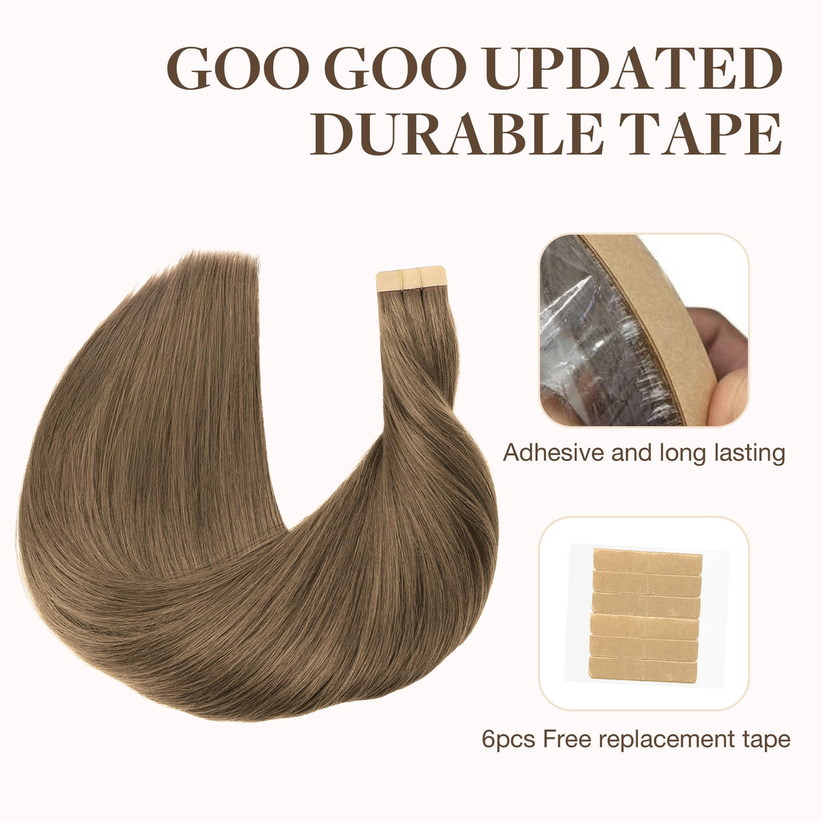GOO GOO Tape in Hair Extensions displayed on a model
