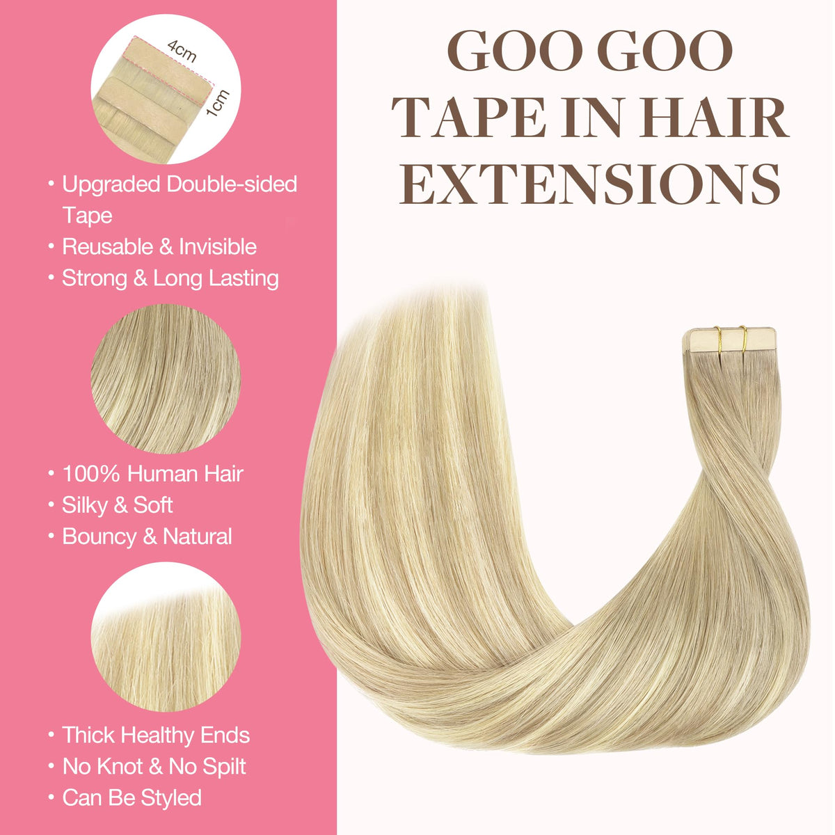 GOO GOO Tape in Hair Extensions displayed on a model