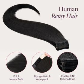 GOO GOO Tape in Hair Extensions displayed with hair tools