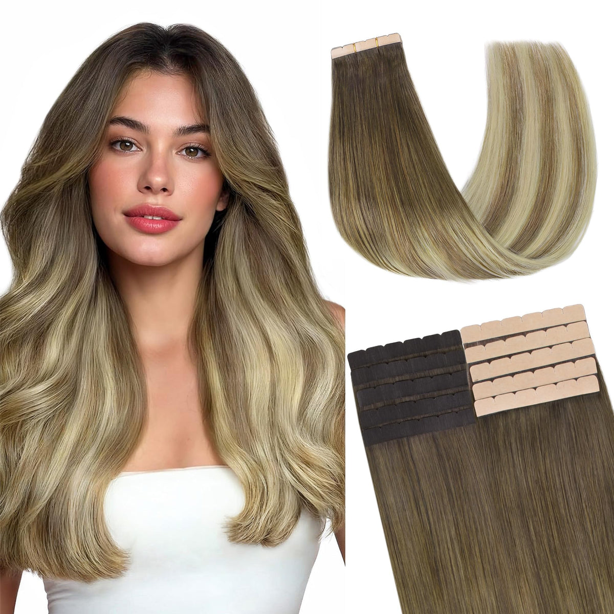 GOO GOO Tape in Hair Extensions front view showcasing Remy human hair