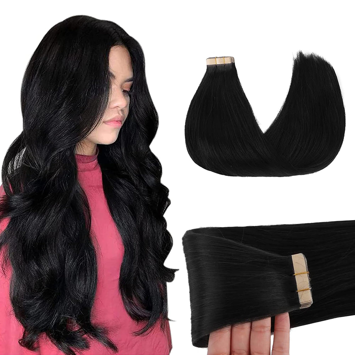 GOO GOO Tape in Human Hair Extensions 14inch jet black front view