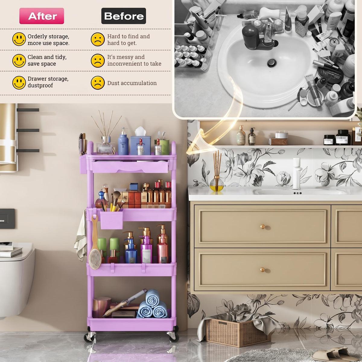Goovilla Rolling Makeup Organizer Cart dimensions and design features