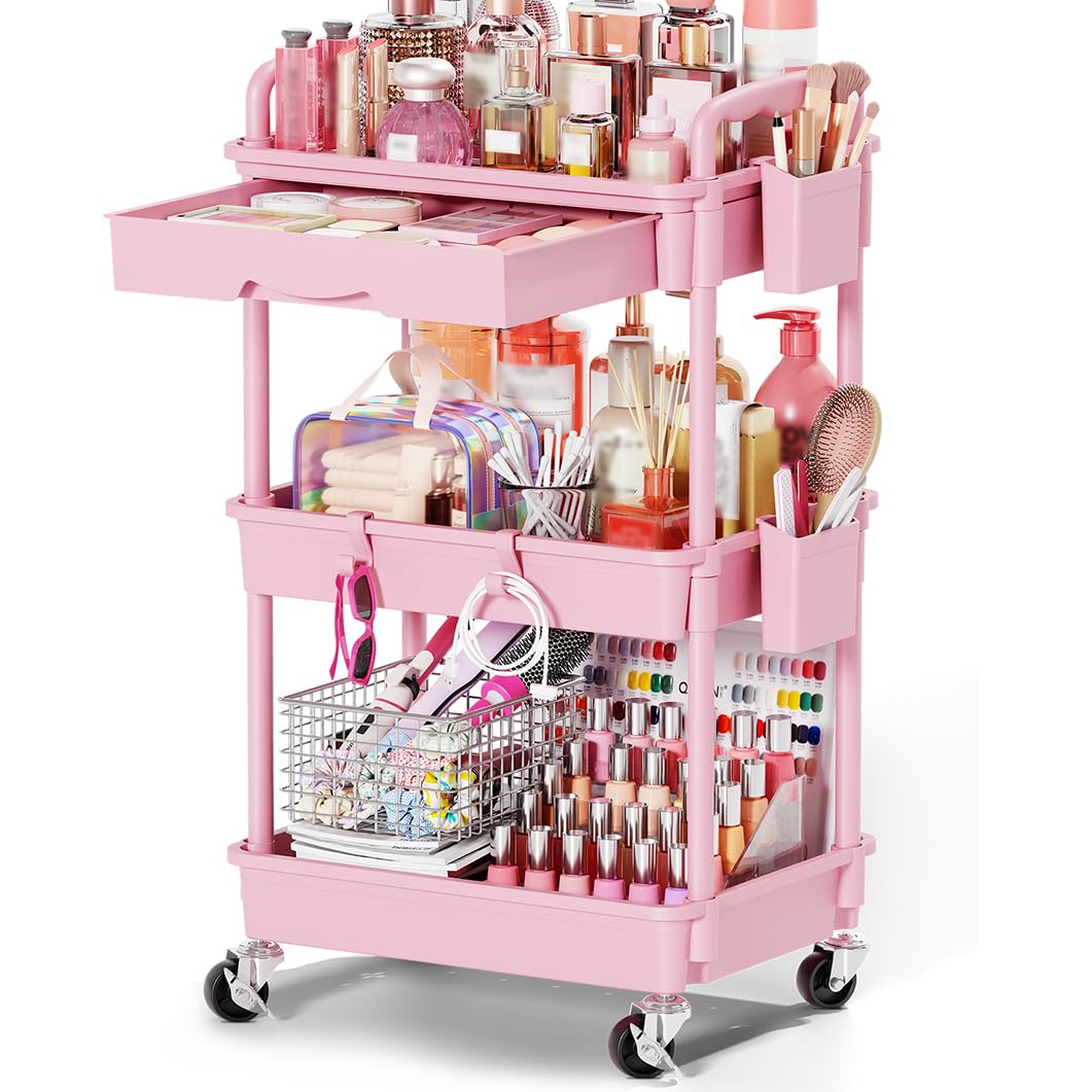 Goovilla Rolling Makeup Organizer Cart front view in pink