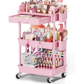 Goovilla Rolling Makeup Organizer Cart front view in pink