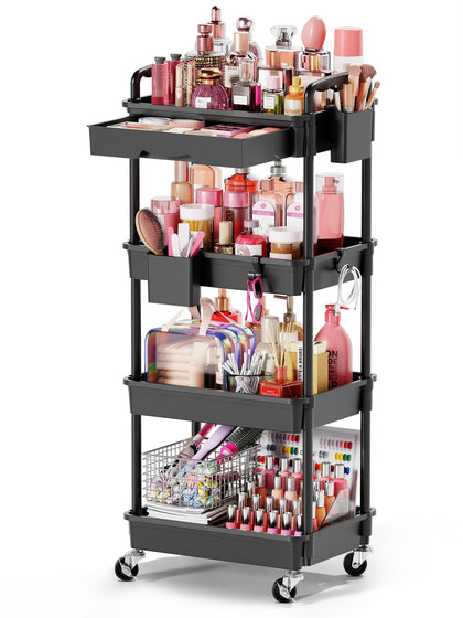 Goovilla Rolling Makeup Organizer Cart front view with four tiers