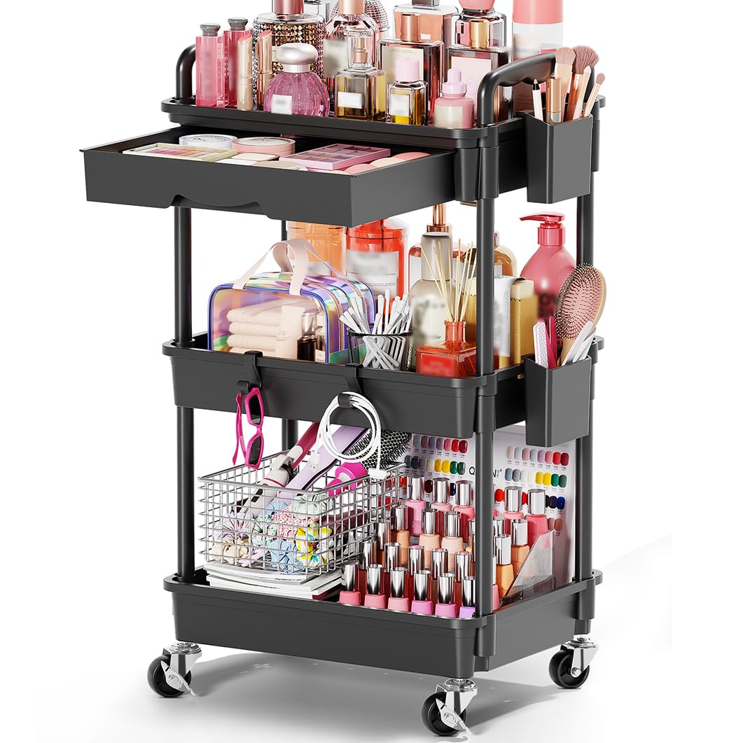 Goovilla Rolling Makeup Organizer Cart front view with removable drawer