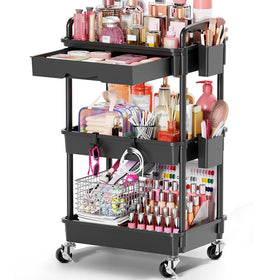 Goovilla Rolling Makeup Organizer Cart front view with removable drawer