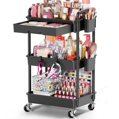 Goovilla Rolling Makeup Organizer Cart front view with removable drawer