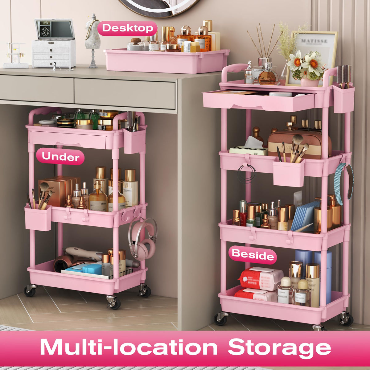 Goovilla Rolling Makeup Organizer Cart in a bathroom setting